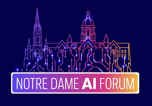 Notre Dame AI Forum Logo consisting of a colorful line drawing of campus with some lines styled like a circuit board.