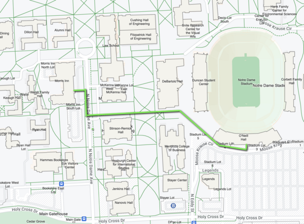 A map of campus showing the route from Morris Inn to O'Neill Hall