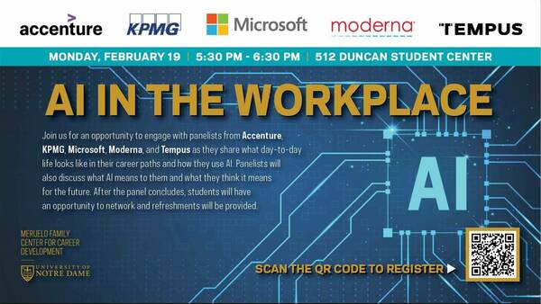 Digital sign including details about the AI in the Workplace panel event and featuring logos of employers who are represented on the panel.