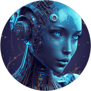 Circular digital art of a female-presenting android with glowing blue eyes and intricate mechanical components visible beneath translucent blue skin.  Orange and blue glowing lines accent the neck and head area. The backdrop is a dark, starry space.