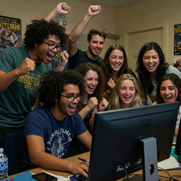 A group of excited Notre Dame students celebrates around a computer monitor, raising their fists in the air. The students wear Notre Dame apparel and are clearly thrilled with what they are seeing on the screen.  A Notre Dame boxing poster hangs on the wall in the background.