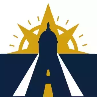 This is a logo for AI@ND. A stylized logo with a dark blue silhouette of the Notre Dame Main Building Golden Dome. Behind it is a gold compass rose. A dark blue road with a gold dashed line extends towards the dome from below. The upper half is gold, lower is dark blue.