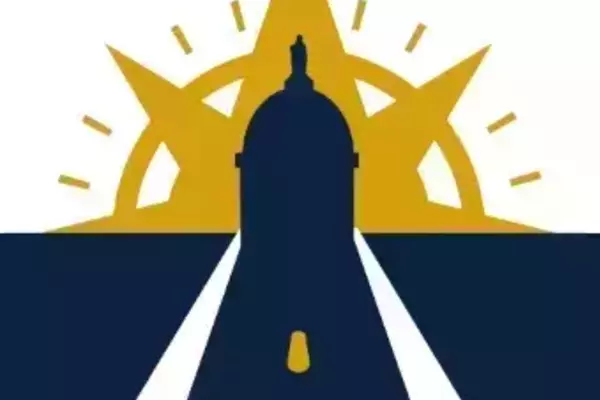 This is a logo for AI@ND. A stylized logo with a dark blue silhouette of the Notre Dame Main Building Golden Dome. Behind it is a gold compass rose. A dark blue road with a gold dashed line extends towards the dome from below. The upper half is gold, lower is dark blue.