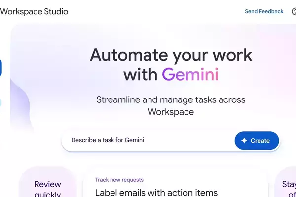 Workspace Studio UI with "Automate your work with Gemini" (purple text), an input field "Describe a task," and a blue "Create" button.