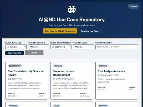 Screenshot of the AI@ND Use Case Repository application, displaying a grid of AI use cases and examples with filters and search tools.