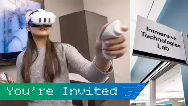 Side-by-side graphic. On the left, a person with long brown hair wears a white VR headset and holds motion controllers with a large monitor displaying a virtual environment behind her. On the right, a white sign hanging from the ceiling reads "Immersive Technologies Lab" in bold black text. A teal and blue gradient banner across the bottom reads "You're Invited" in a white, digital-style dot-matrix font.
