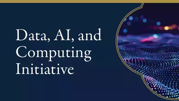 The headline "Data, AI, and Computing Initiative" on a dark blue background. On the right is an abstract image of colored dots representing hilly ground, edged by a gold, curved border.