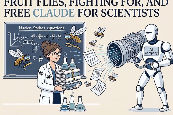 September roundup graphic depicting a scientist whose work is being vacuumed up by a big robot labeled "AI Company"